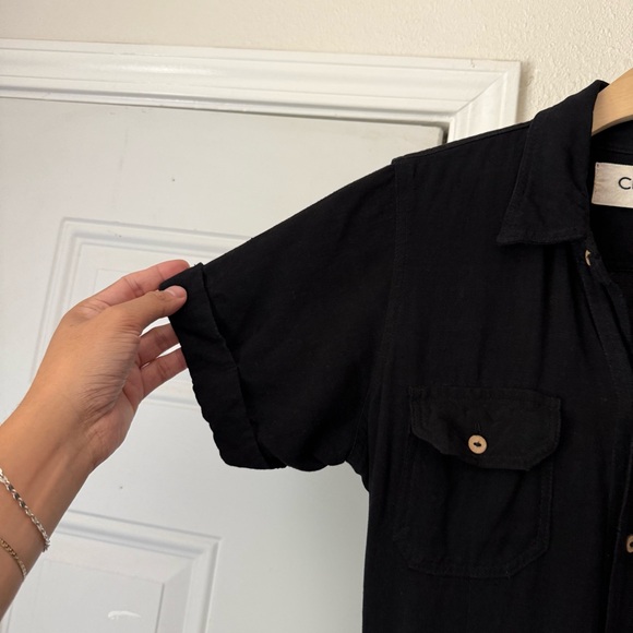CLAUDE tulum black linen button up utility short sleeve work chore jumpsuit - Picture 2 of 8